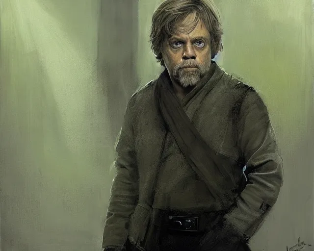 Image similar to portrait of luke skywalker mark hamill young from star wars 6 return of the jedi 1 9 8 3 in shades of grey but with green by jeremy mann