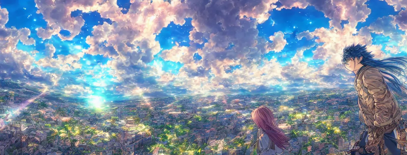 Prompt: the aesthtic view of a beautiful, dreamy, wistful sky with light. hyperrealistic anime background illustration by kim jung gi, colorful, extremely detailed intricate linework, smooth, super sharp focus, bright colors, high contrast, matte, octopath traveler, unreal engine 5 highly rendered, global illumination, radiant light