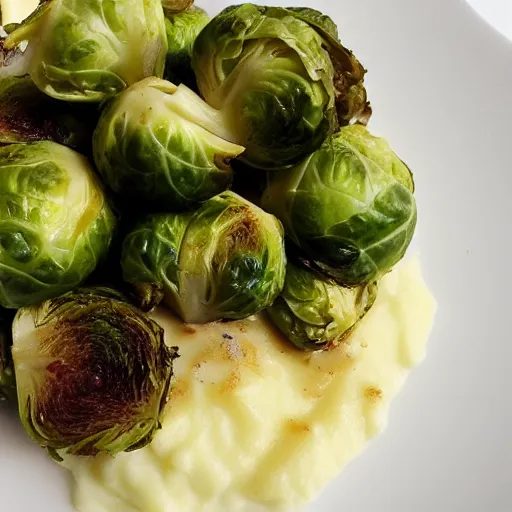 Image similar to brussel sprouts on white gravy , mashed potatoes, Michelin star, award winning