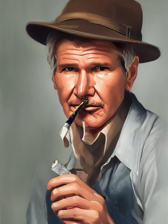 Image similar to portrait of harrison ford smoking a joint, in a style blend of whelan and leyendecker and rockwell, oil painting, volumetric lighting, intricate details