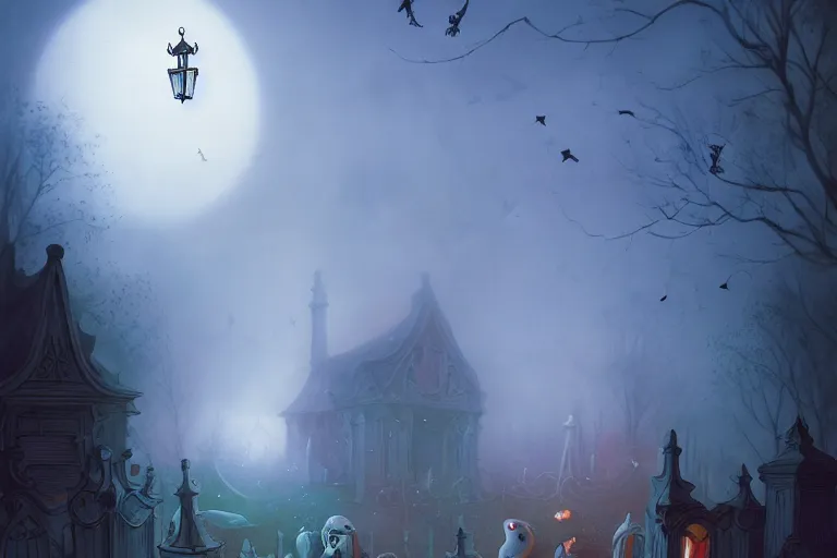 Image similar to casper the friendly ghost flying over a graveyard at midnight, many other ghosts living in a haunted tree, haunted house in the background, cinestill, painted by james jean and gaston bussiere, very detailed and cute and cozy and transparent, backlight, fog, mist, trending on artstation