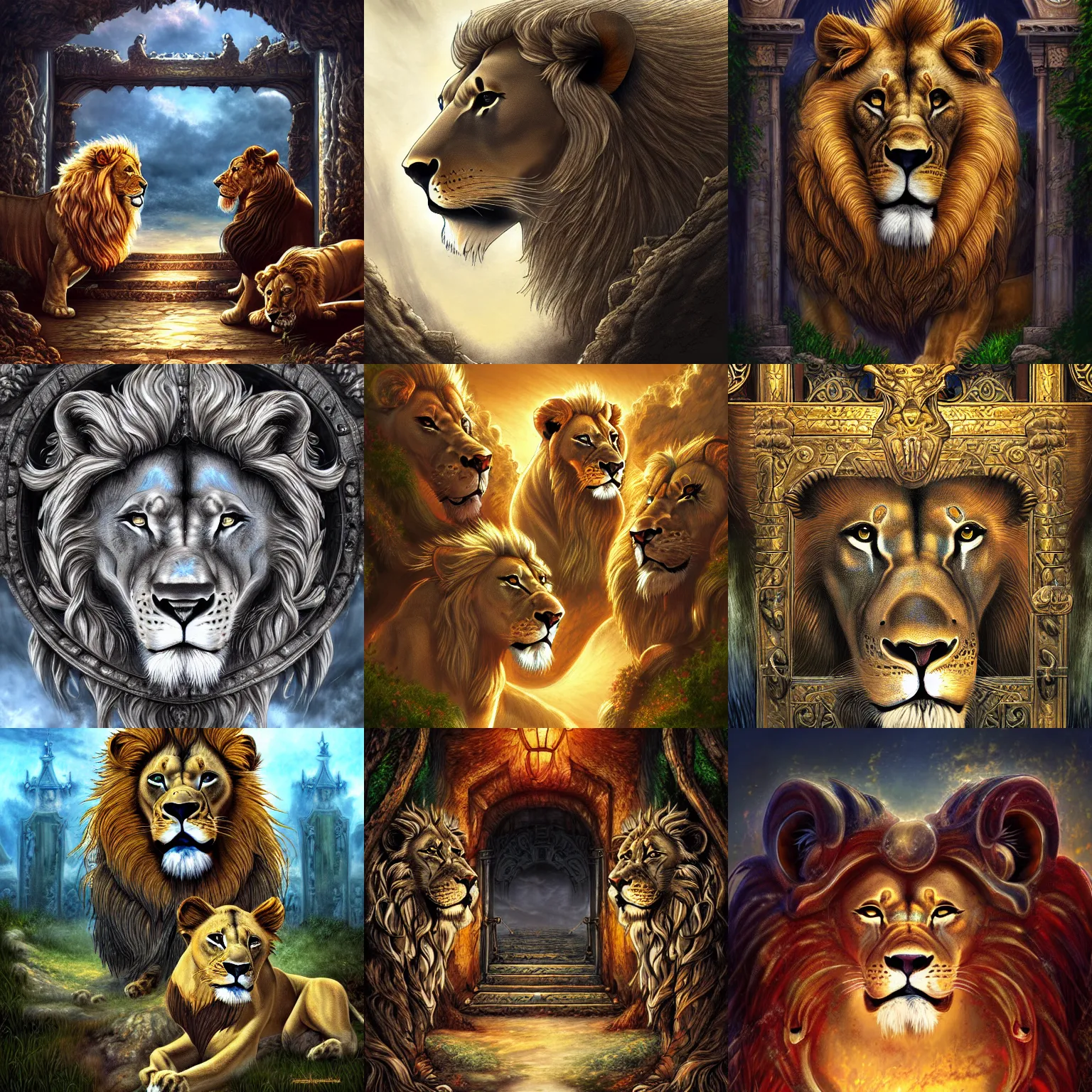 Prompt: The gate to the eternal kingdom of lions, fantasy, digital art, HD, detailed.