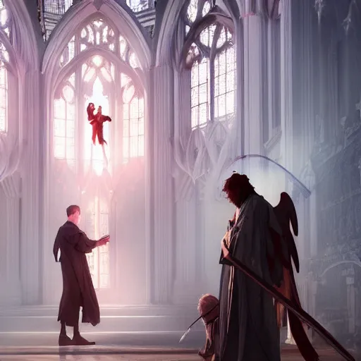 Prompt: angel protecting man who is praying inside a gothic church by Stanley Artgerm Lau, WLOP, Rossdraws, James Jean, Andrei Riabovitchev, Marc Simonetti, Yoshitaka Amano, ArtStation, CGSociety, highly detaild 4K, cinematic style, studio light