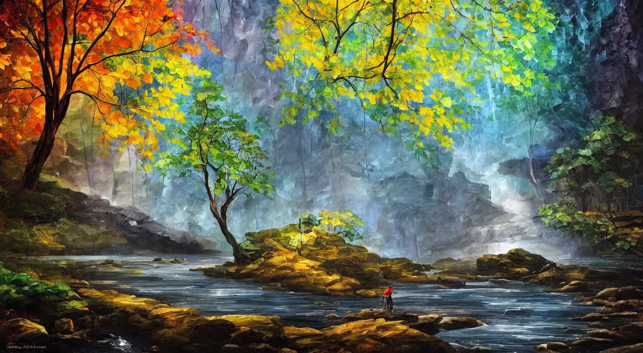 Image similar to A beautiful, highly detailed, very realistic oil painting of a single tree with rainbow leaves, next to a small river, glowing bright blue in the middle of a huge, very dark cave, with lots of dark grey rocks, oil painting by Afremov and Greg Rutkowski.