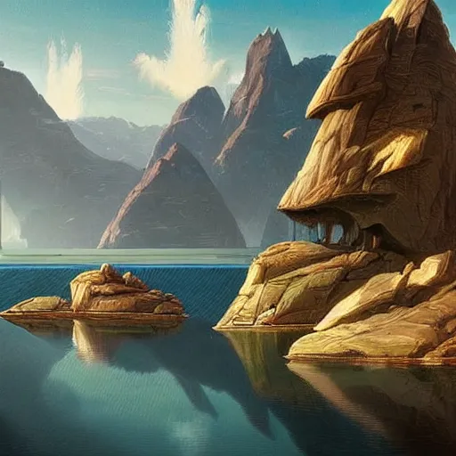 Prompt: a mountain lake landscape with futuristic vehicles in the style of Dr. Seuss, luxury, painting by Raphael Lacoste