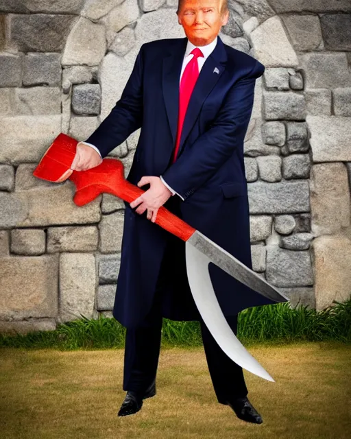 Image similar to a photo of donald trump dressed as a medieval knight. he's holding a giant axe. medium shot portrait. dslr photography