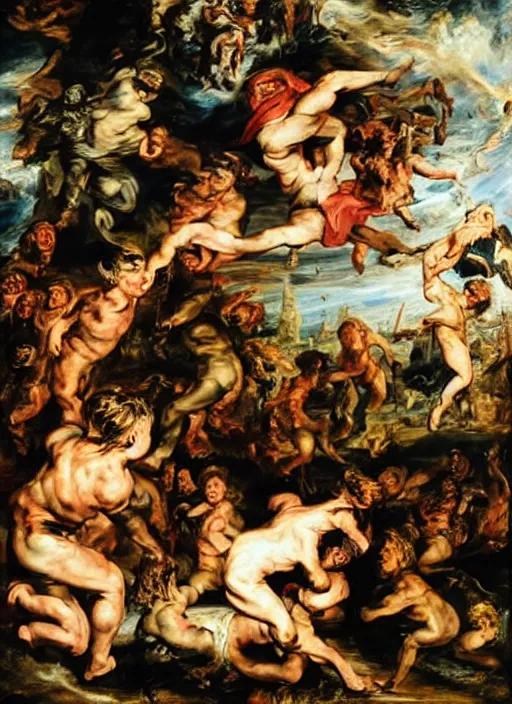 Prompt: adventure playground accident, adventure playground accident, adventure playground accident, oil on canvas by peter paul rubens. style fall of the damned by peter paul rubens