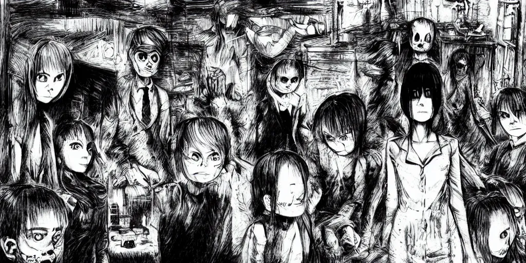 Image similar to A room with a tv and video-game, horror, creepy, dark, manga, hq, pencil, inspired by junji ito, superior quality, masterpiece