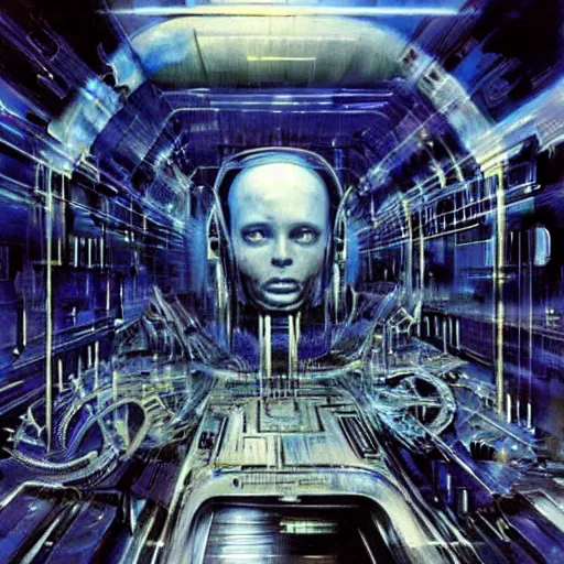 Image similar to The first artificial general intelligence awakens - award-winning digital artwork by Azimov, John Harris, H. R. Giger, and John Berkey. Stunning lighting