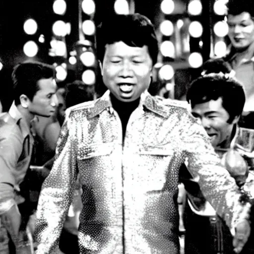 Prompt: A movie still of Pol Pot wearing a disco suit in Satuday Night Fever