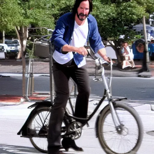 Image similar to Keanu Reeves eating ice cream on a bicycle