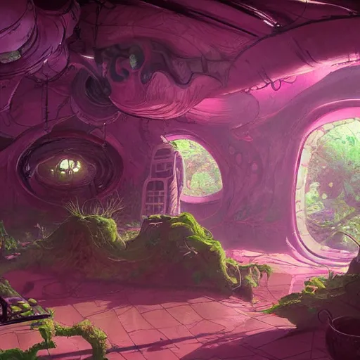 Prompt: concept art painting of a interior of an alien fantasy fungus house, realistic, detailed, cel shaded, magenta, dark, in the style of makoto shinkai and greg rutkowski and james gurney