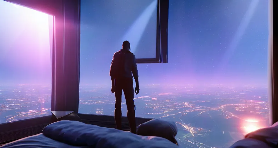 Image similar to moody sci-fi bedroom high up in the stratosphere with a man looking out his window at the world below, lens flare, atmosphere, glow, unreal engine 5, full of color, trending on artstation, ultra high detail, ultra realistic, cinematic, focused, 8k