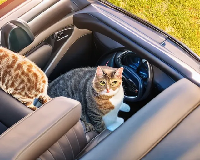 Image similar to top view of cabriolet with open roof, cat sitting in driver seat with paws resting on steering wheel, golden hour