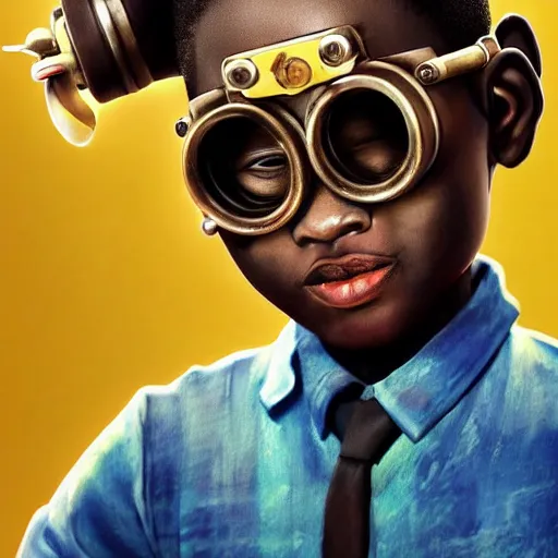 Image similar to colourful vfx upper half - portrait - art of a nigerian boy wearing steam punk goggles, art by hsiao - ron cheng & james jean, digital render, digital illustration, concept art, caricature, volumetric light, ray tracing, symmetrical, unreal engine, octane 3 d render, sharp, detailed, intricate detail, pinterest, behance, art station,