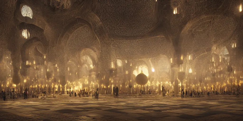 Prompt: Photorealistic mosque in dark giant glowing mushroom underworld, with great domes and arches, people and androids wearing traditional japanese clothing. photorealism, UHD, amazing depth, golden ratio, 3D octane cycle unreal engine 5, volumetric lighting, cinematic lighting, artstation,cgstation, concept art