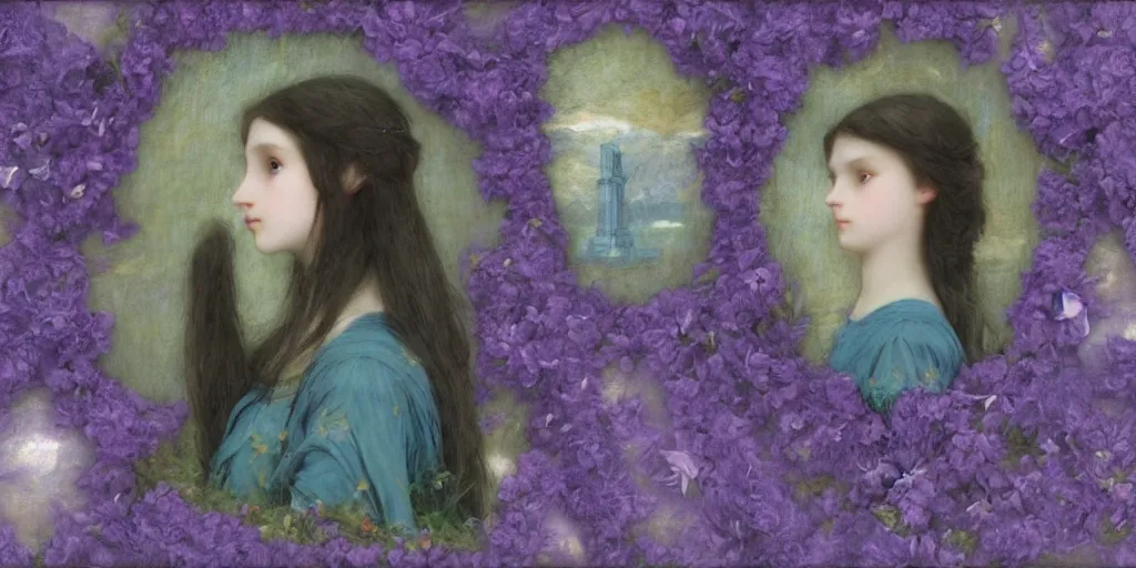 Image similar to 3 d precious moments plush / female hybrid wrapped in a muted purple shroud, sitting in a cemetery at night, under a sea of stars, ebony / periwinkle / slate blue / yellow green color palette, master painter and art style of john william waterhouse and caspar david friedrich and philipp otto runge