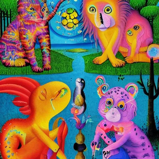 Prompt: a masterpiece collaborative painting by bosch and lisa frank