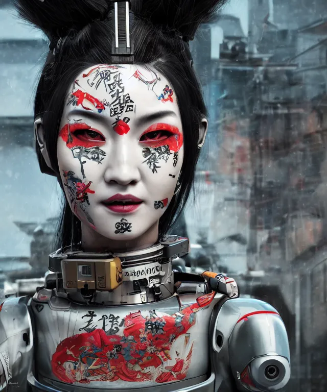 Image similar to an epic fantastic realism comic book style portrait painting of a japanese robotic geisha with kanji tattoos and decals, apex legends, octane render, intricate detail, 4 k hd, unreal engine 5, ex machina, irobot