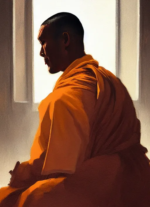 Image similar to oil painting of a monk in robes, looking out a window contemplatively, digital art, artstation, cinematic, golden hour, digital art painting by greg rutkowski