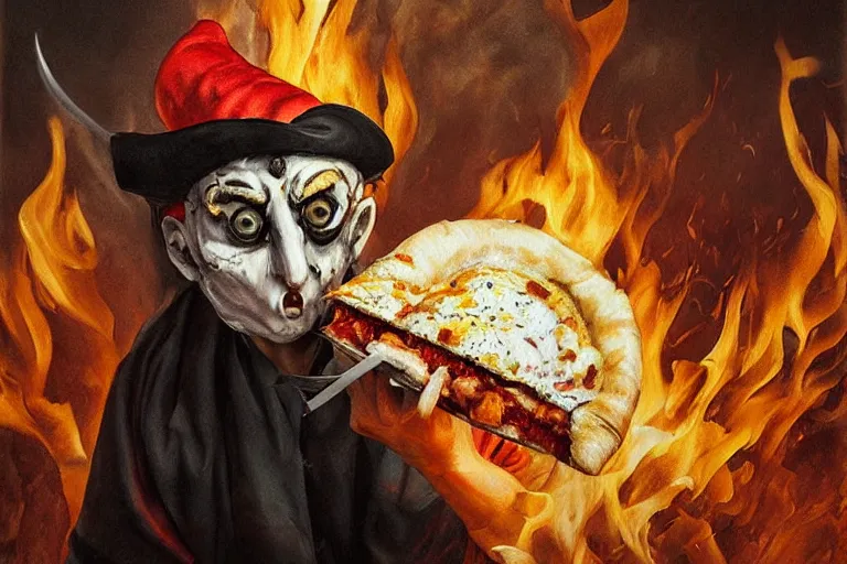 Prompt: a highly detailed scary painting of pulcinella!!! from naples with a pizza!! and lots of fire, a volcano and dark smoke, an ultrafine detailed painting by ravari mok, dramatic lighting, trending on deviantart, sharp focus, octane, masterpiece