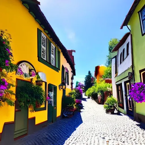 Prompt: it's a quaint and charming place. the cobblestone roads are lined with cute little shops and homes. the residents are friendly and always ready to help a traveler in need. there is a feeling of peace and serenity in this town that is hard to find in other places. sunny, warm, summer, birds in the sky