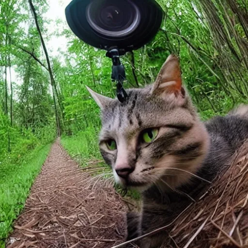 Prompt: Trailcam footage of a cat crouching down towards the camera and eating a mushroom, shot from the ground, wide lens, hyper detailed