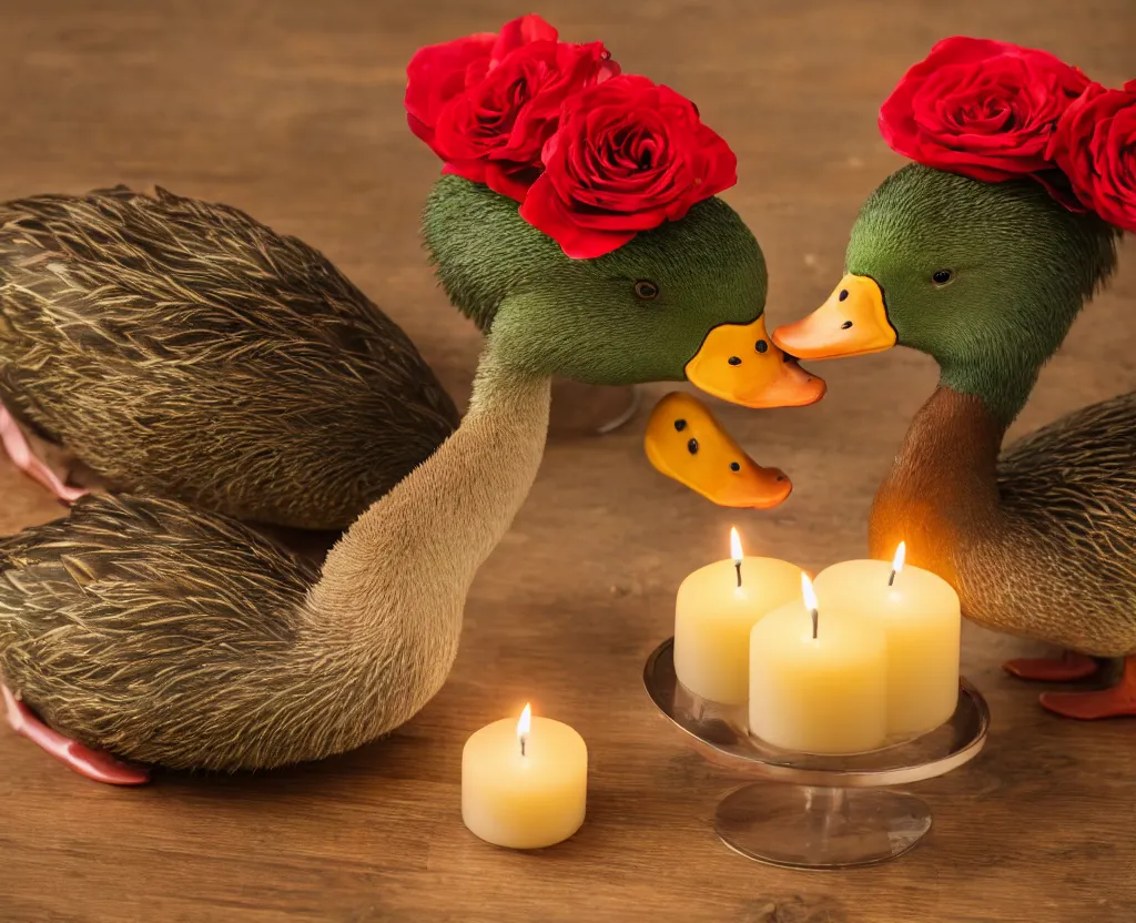 Image similar to two ducks with funny hats on their heads having a romantic dinner with candles champagne petals roses, highly detailed, 8 k ultrahd hd resolution