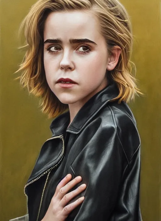 Image similar to portrait of kiernan shipka in the rain wearing a leather jacket, hyperrealistic, very detailed painting mark brooks