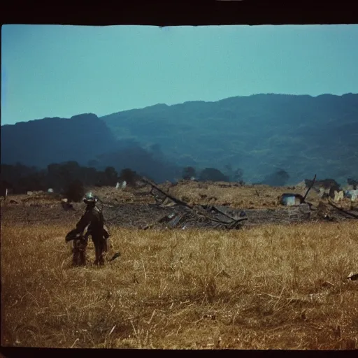 Image similar to film still, far view, landscape, emma watson soldier portrait close up in foreground, burning vietnam village, kodak ektachrome, blue tint expired film,