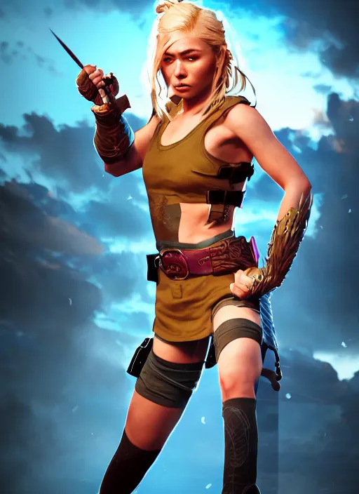 Image similar to An epic fantasy comic book style portrait painting of an athletic female thief with blonde hair dancing, unreal 5, DAZ, hyperrealistic, octane render, cosplay, RPG portrait, dynamic lighting, high detail