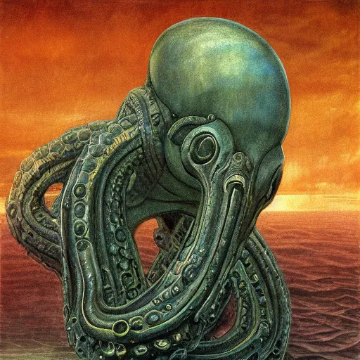 Image similar to eyes, tentacle-enabled underwater human descendant, futuristic painting by jim burns, edward burne-jones, dagon, hd 8k