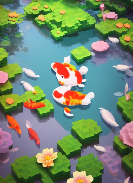 Prompt: pastel cute voxel art of a koi pond, behance, artstation, cute, Japanese, 3d render, unity, beautiful lighting, extremely beautiful, Huang Guangjian and Gil Elvgren and Sachin Teng , Greg Manchess