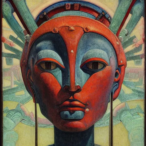 Prompt: head of a robot shaman, by annie swynnerton and edward hopper and jean delville and rufino tamayo and diego rivera and evelyn de morgan, art deco shaman, stylized geometric flowers, art brut, outsider art, symbolist, dramatic lighting, god rays, clean crisp graphics, smooth sharp focus, extremely detailed, adolf wolfli