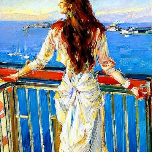 Image similar to the maiden standing on the balcony overlooking the aegean sea by andrew atroshenko impressionist portrait