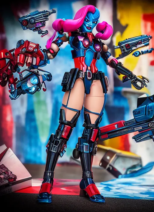 Prompt: Transformers Decepticon Harley Quinn action figure from Transformers: Robots in Disguise (2015), by Hasbro, Takaratomy, tfwiki.net photography, product photography, official media