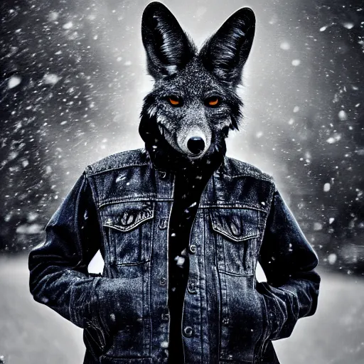 Image similar to an award winning National Geographic picture of a black Jackal wearing a denim Jacket in the snow by Lee Jeffries, 85mm ND 5, perfect lighting in a snow storm