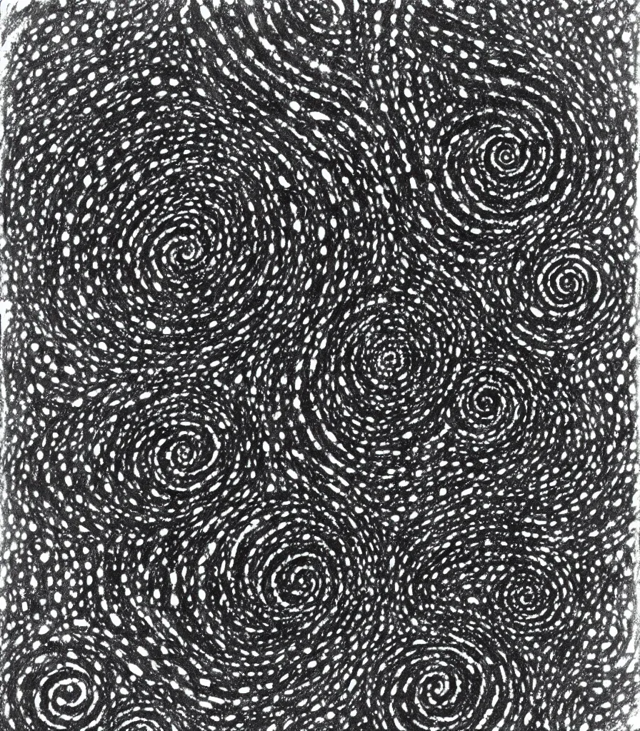 Prompt: a painting of two black, symmetrical, spiral galaxies, pointilism, rough charcoal sketch, black dots