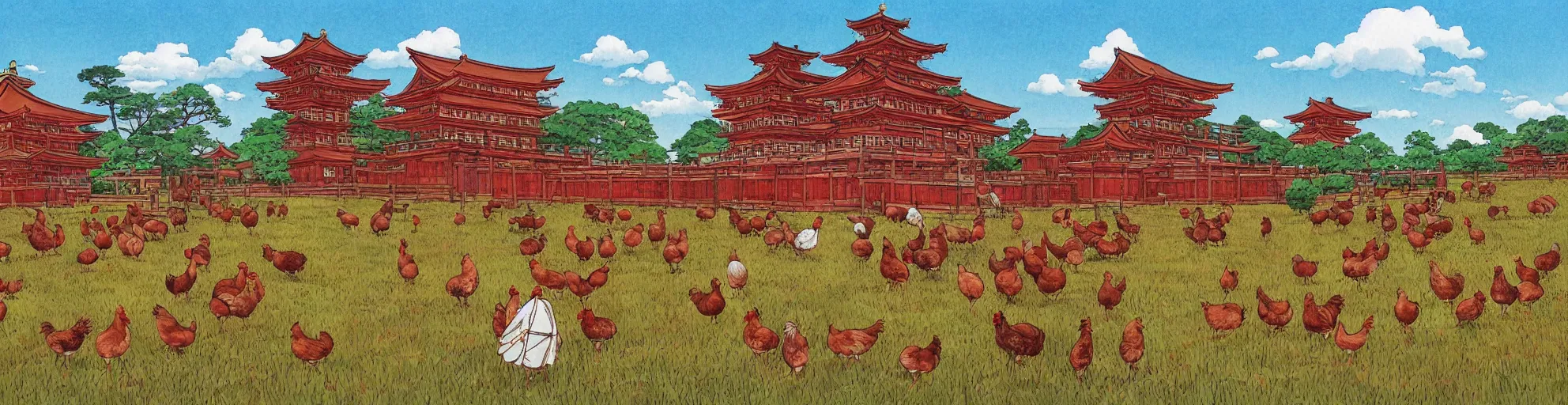 Image similar to big red and brown japanese fort in a meadow with chickens by studio ghibli painting