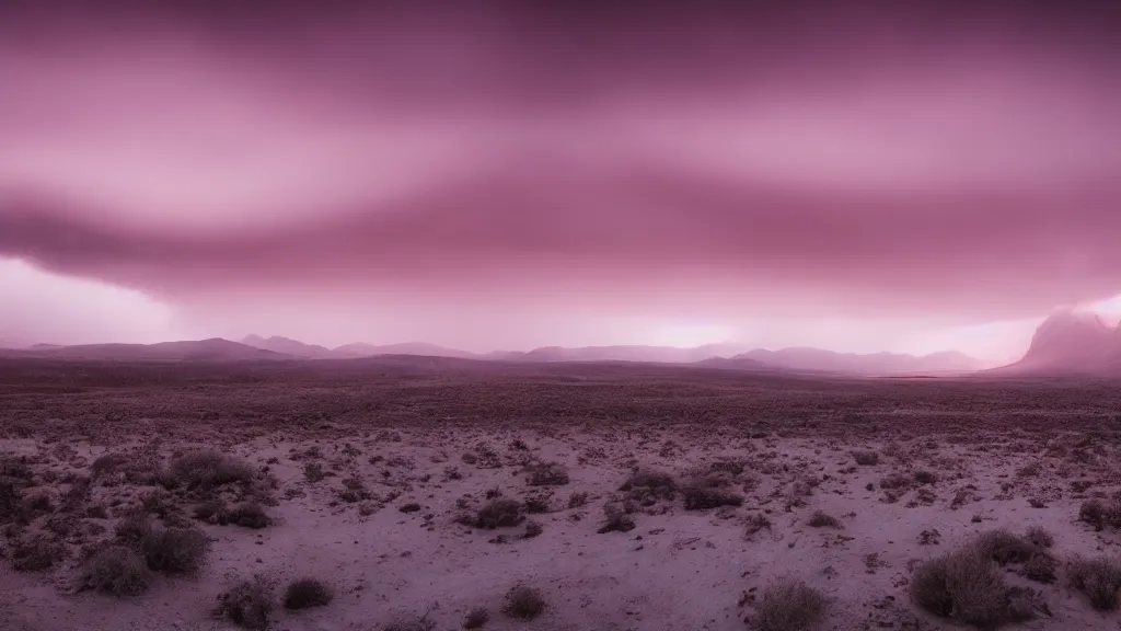 Image similar to soft glow pink desert with snow mountains and cloudy skies, purple fog, thunderstorms in the distance, long exposure, detailed, hyper realistic, photorealism, landscape, ultra wide angle view, peaceful, cinematic, volumetric lighting, god ray through clouds, disturbance