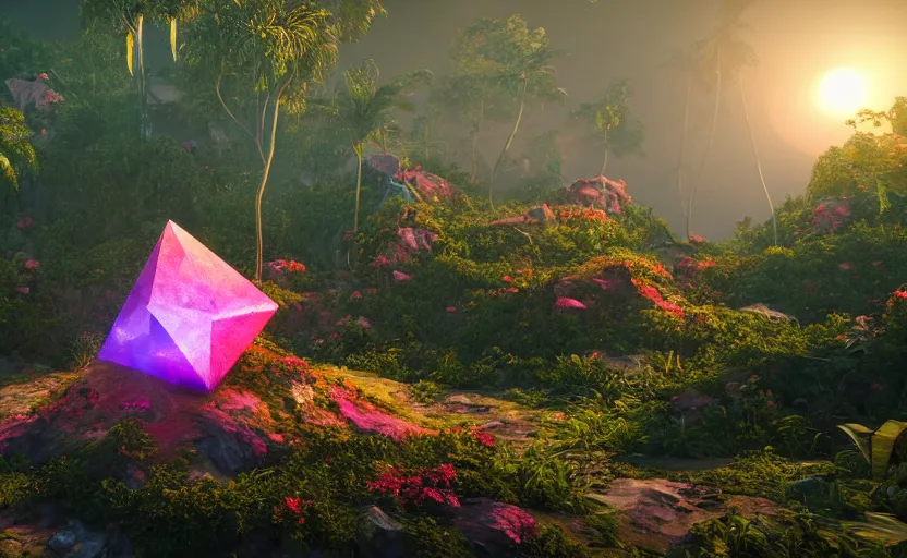 Image similar to a crystal tetrahedron!!! in the middle of ancient ruins in a lush prehistoric jungle, inside a humongous cave, red and magenta flowers, sunset, godrays, orange and blue sky, haze, volumetric lighting, a high - quality render, photorealistic, unreal engine 5