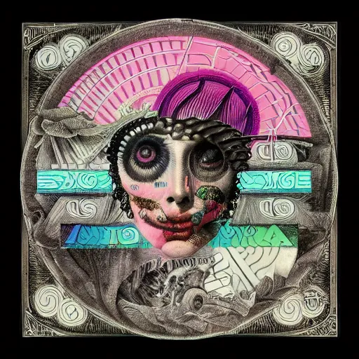 Image similar to post - punk new age album cover, asymmetrical design, dollar bank notes, capitalism, magic, apocalypse, psychedelic, black white pink, highly detailed, magic, giger h. r., in the style of giuseppe arcimboldo