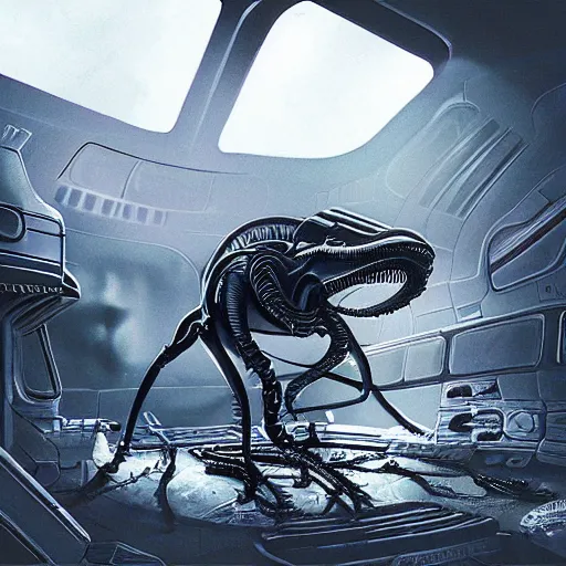 Prompt: Xenomorph in the dark in an abandoned spaceship, concept art, cinematic quality