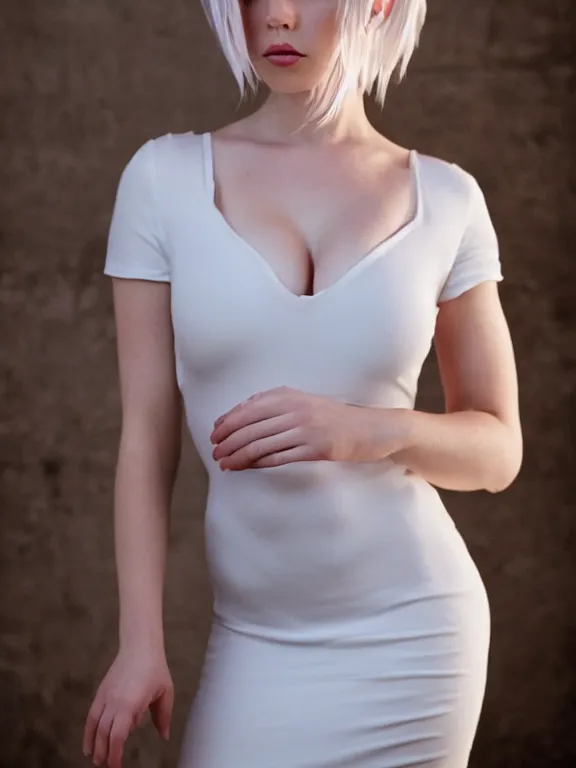 Image similar to studio photo of gorgeous seductive emily skinner cosplaying annie leonhart wearing tight white dress, beautiful face, pale skin, rule of thirds, cinematic lighting, sharp focus, backlit, stunning, smooth, hard focus, full body shot