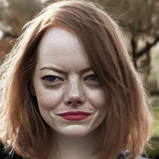 Image similar to Emma Stone homeless mugshot portrait. Faces of Meth.