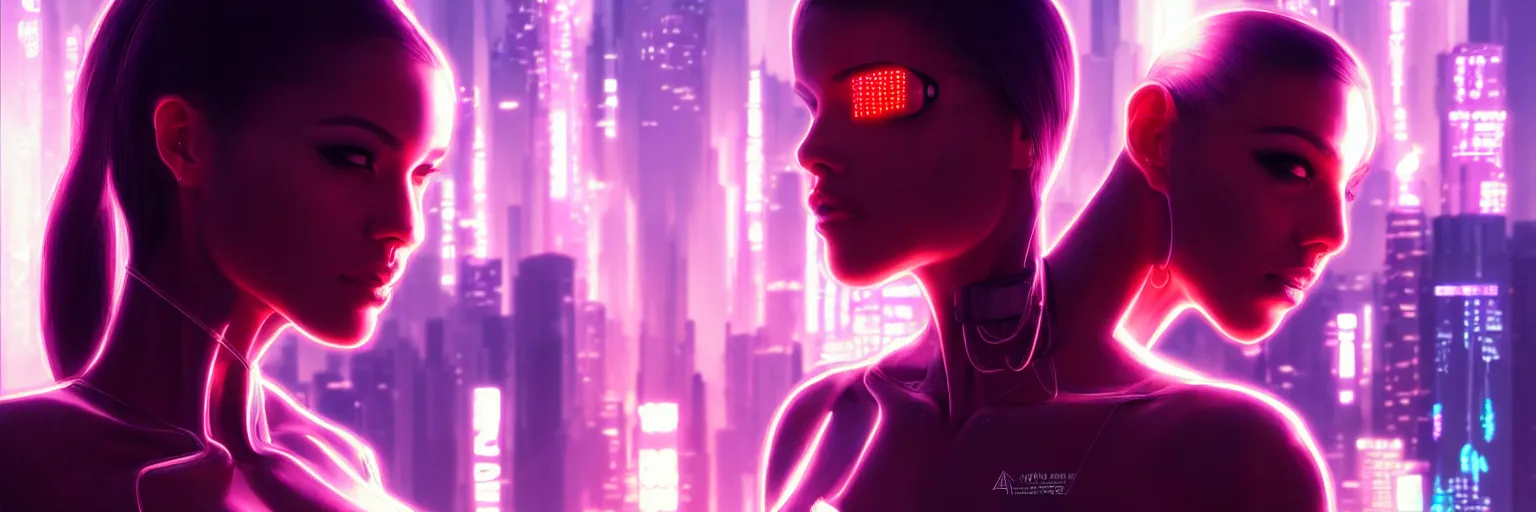 Prompt: backlit portrait of one female humanoid in a cyberpunk cityscape, half body cropping, elegant glamor pose, accurate anatomy, cyber led neon lighting, bokeh, rule of thirds, hyper photorealistic, crispy quality, digital photography, art by pascal blanche, art by artgerm, art by greg rutkowski,