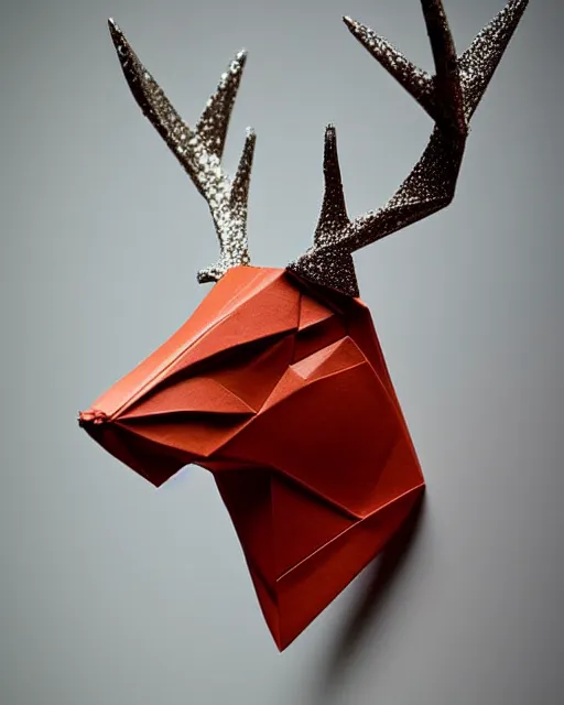 Image similar to an origami stag head by akira yoshizawa, realistic, very detailed, complex, intricate, studio lighting, bokeh, sigma 5 0 mm f 1. 4