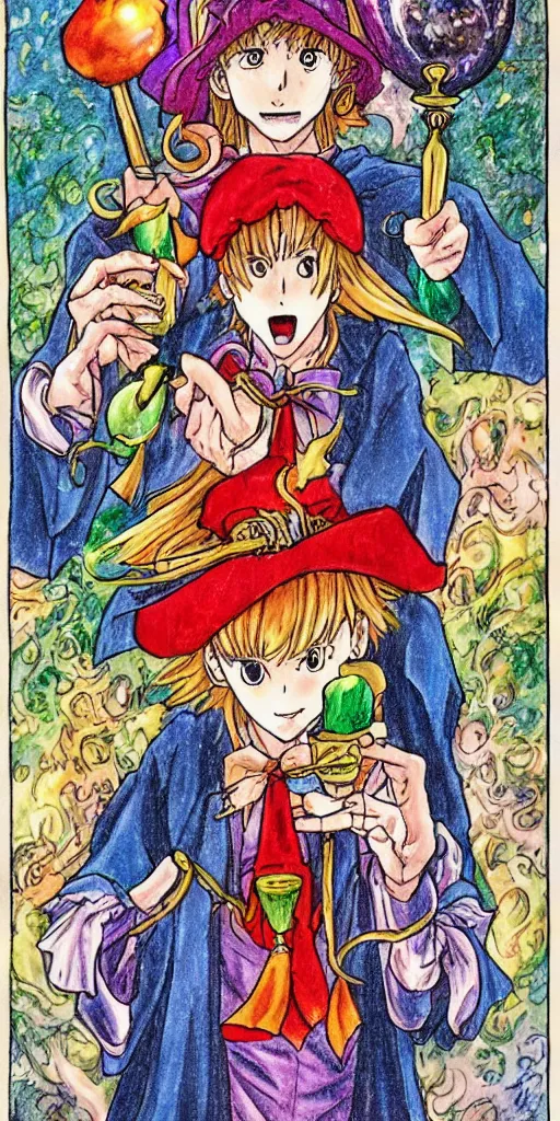 Image similar to a mystical man with a goblet on the table, wizard hat, drawn by Naoko Takeuchi,