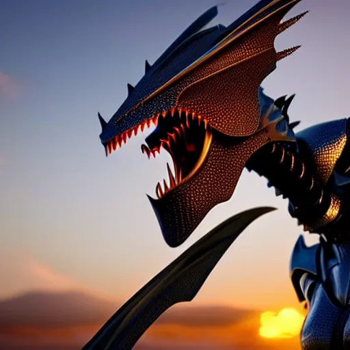 Image similar to epic close up shot, realistic detailed stunning beautiful anthropomorphic robot mechanical female dragon, doing an elegant pose with hand on hip, looking to the side, sleek streamlined armor and design, sharp claws, sleek well designed head, standing on two legs, wearing a hooded cloak that blows in the wind from behind her, on the beach during sunset, high quality, cinematic art, sunset lighting, artstation, deviantart, furaffinity