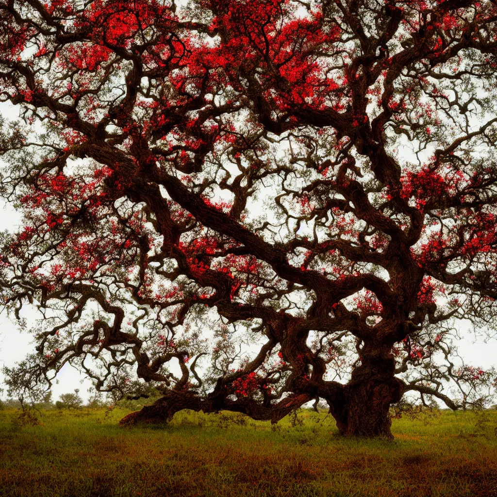 Prompt: old oak tree with thick vibrant red heart shaped foliage, the tree growing on a meadow, cinematic lighting, photo realistic image, 4K, super detailed, cinematic look